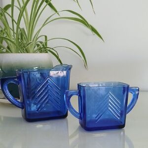 Hazel Atlas Cobalt Blue Glass Chevron Sugar Creamer Set Vintage 1930s Art Deco